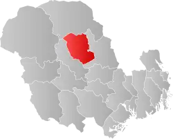 Mapa do condado de Vestfold og Telemark com Hjartdal em destaque.