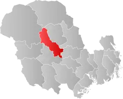 Mapa do condado de Vestfold og Telemark com Seljord em destaque.