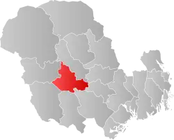Mapa do condado de Vestfold og Telemark com Kviteseid em destaque.