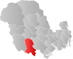 Mapa do condado de Vestfold og Telemark com Nissedal em destaque.