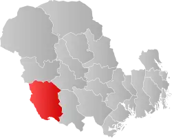 Mapa do condado de Vestfold og Telemark com Fyresdal em destaque.
