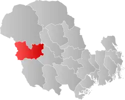 Mapa do condado de Vestfold og Telemark com Tokke em destaque.
