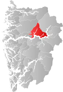 Mapa do condado de Vestland com Sogndal em destaque.