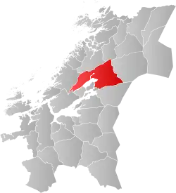 Mapa do condado de Trøndelag com Steinkjer em destaque.