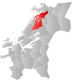 Mapa do condado de Trøndelag com Namsos em destaque.