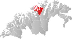 Mapa do condado de Troms og Finnmark com Hammerfest em destaque.