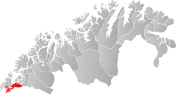 Mapa do condado de Troms og Finnmark com Tjeldsund em destaque.