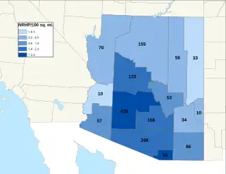 Distribuição de NRHPs nos condados do Arizona.