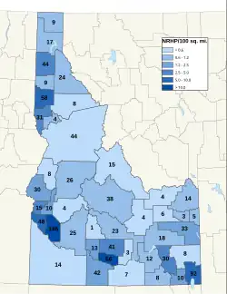 Distribuição de NRHPs nos condados do Idaho.