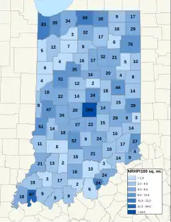 Distribuição de NRHPs nos condados de Indiana.