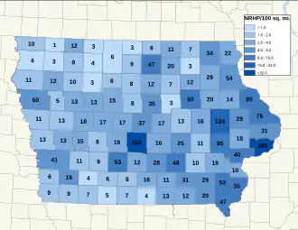 Distribuição de NRHPs nos condados de Iowa.