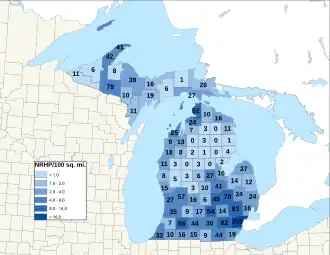Distribuição de NRHPs nos condados do Michigan.
