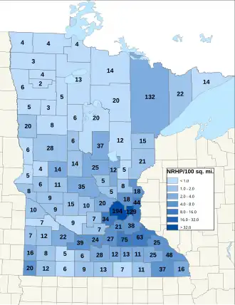 Distribuição de NRHPs nos condados de Minnesota.