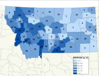Distribuição de NRHPs nos condados de Montana.