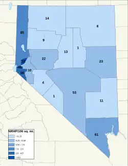 Distribuição de NRHPs nos condados de Nevada.