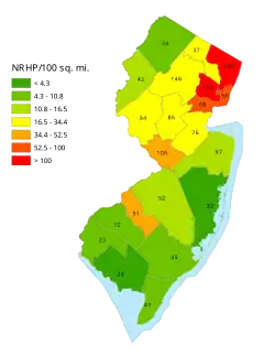 Distribuição de NRHPs nos condados de Nova Jérsia.