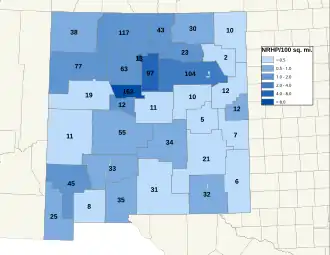 Distribuição de NRHPs nos condados do Novo México.