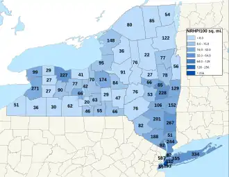 Distribuição de NRHPs nos condados de Nova Iorque.