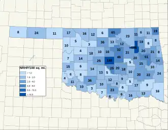 Distribuição de NRHPs nos condados de Oklahoma.