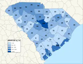 Distribuição de NRHPs nos condados da Carolina do Sul.