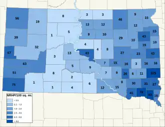 Distribuição de NRHPs nos condados da Dakota do Sul.