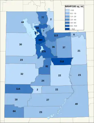 Distribuição de NRHPs nos condados de Utah.