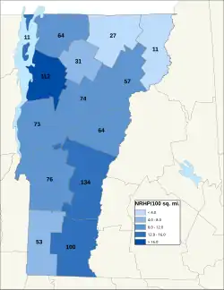 Distribuição de NRHPs nos condados de Vermont.