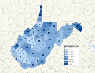 Distribuição de NRHPs nos condados da Virgínia Ocidental.