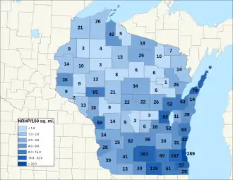 Distribuição de NRHPs nos condados de Wisconsin.