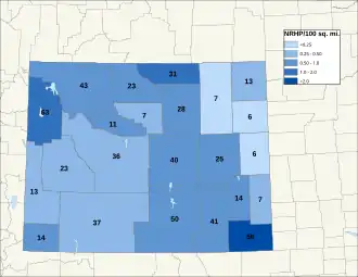 Distribuição de NRHPs nos condados do Wyoming.