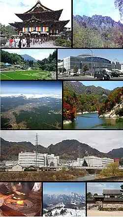 Do topo da esquerda: Zenkoji, Mount Togakushi, aldeia de Kinasa, Nagano Big Hat Arena, Airial em Kawanakajima, Oku-Subana Valley, Marukome, sede em Nagano e famosa empresa de produtos miso no Japão, doces japonês Oyaki, lugar de esqui Togakushi , e Castelo de Matsushiro