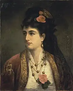 Retrato da rainha Natália em trajes tradicionais sérvios, por Adèle Riché (c. 1875-1878)