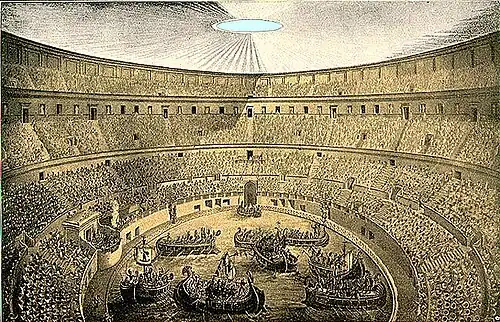 Reconstrução de uma naumaquia no Coliseu.