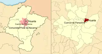 Localização do município de Huarte na Cuenca de Pamplona e em Navarra