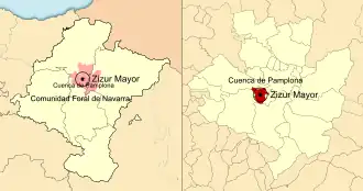 Localização do município de Zizur Mayor em Navarra e na Cuenca de Pamplona