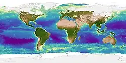 Visualização global da biosfera, destacando áreas cobertas por oceanos, elementos essenciais da hidrosfera.