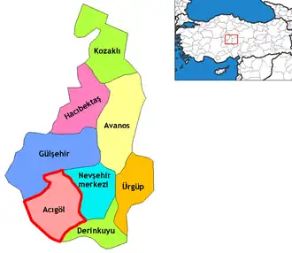 Mapa dos distritos da Província de Nevşehir com o de Acıgöl em destaque