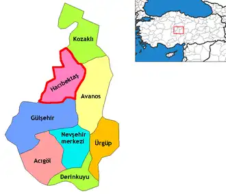 Mapa dos distritos da Província de Nevşehir com o distrito de Hacıbektaş em destaque