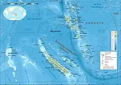 Mapa da Nova Caledônia com a ilha de Grande Terre, habitat do cagu (Rhynochetos jubatus).