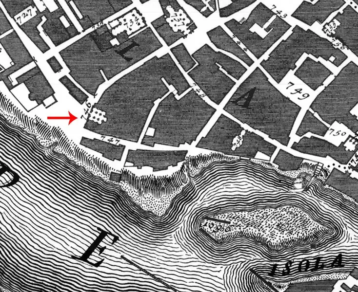 Posição da igreja no Mapa de Nolli (1748).