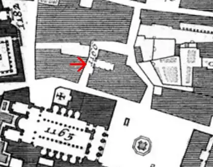 Localização no Mapa de Nolli (1748), no nº 1100. O grande edifício vizinho (nº 1165) é Santa Maria in Trastevere.