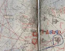 Ano 1375. O Atlas Catalão de Abraão Cresques[359] apresenta a mesma configuração do território peninsular de portolanos precedentes, destacando a catedral de Santiago no território galego. No original preservado não é legível a toponímia do noroeste peninsular.