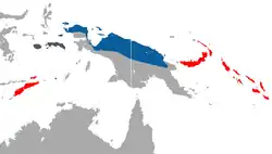 (azul - nativo, vermelho - introduzido, cinza escuro - origem incerta)