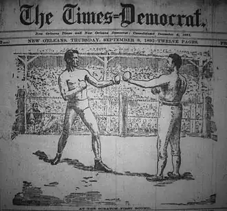 Gentleman Jim Corbett e John L. Sullivan no Olympic Club, Nova Orleans, The Times-Democrat, 8 de setembro de 1892