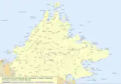 A nascente do rio e os afluentes estão em azul escuro.