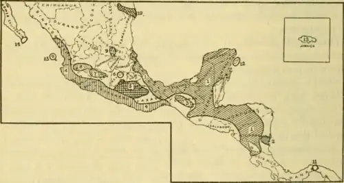 Distribuição de Oryzomys couesi e espécies relacionadas segundo Goldman (1918): 1, O. couesi couesi; 2, O. c. richmondi; 3, O. c. zygomaticus; 4, O. c. mexicanus; 5, O. c. aztecus; 6, O. c. crinitus; 7, O. c. regillus; 8, O. c. albiventer; 9, O. c. peragrus; 10, O. c. aquaticus; 11, O. gatunensis; 12, O. cozumelae; 13, O. antillarum; 14, O. peninsulae; 15, O. nelsoni.[1]