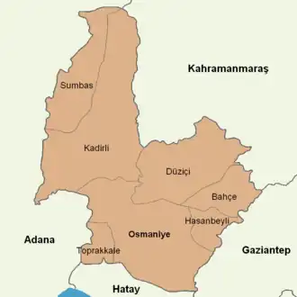 Mapa dos distritos da província de Osmanie