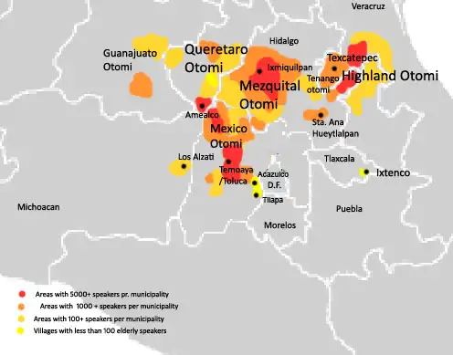 áreas com maiores populaces falantes Otomi vão do oeste da Cidade do México, area de Toluca, norte de Hidalgo Central, noroeste das divisas entre os estados de Hidalgo, Puebla, Vera Cruz. As maiores concentrações estão no noroeste do Estado do México, sul de Querétaro, Hidalgo central e noroeste de Veracruz.