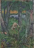 Floresta com flores e lagoa, c. 1925, cinomose em juta, 106,5 x 77 cm