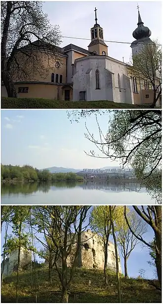 De cima para baixo: Igreja da Visitação da Virgem Maria; Vista da cidade; Vista do Castelo de Považský